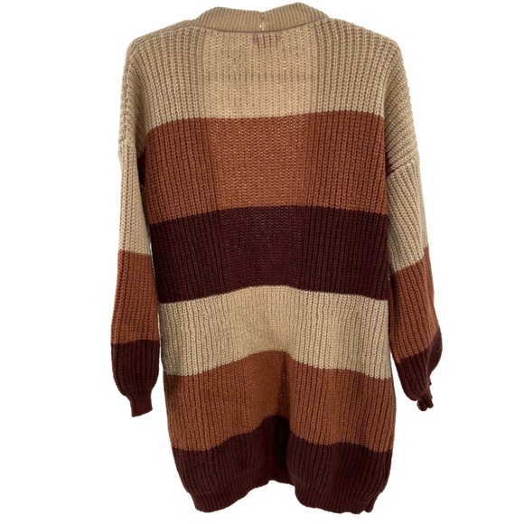 Pink Lily brown striped long open front cardigan neutral fall M casual knit - Picture 2 of 8